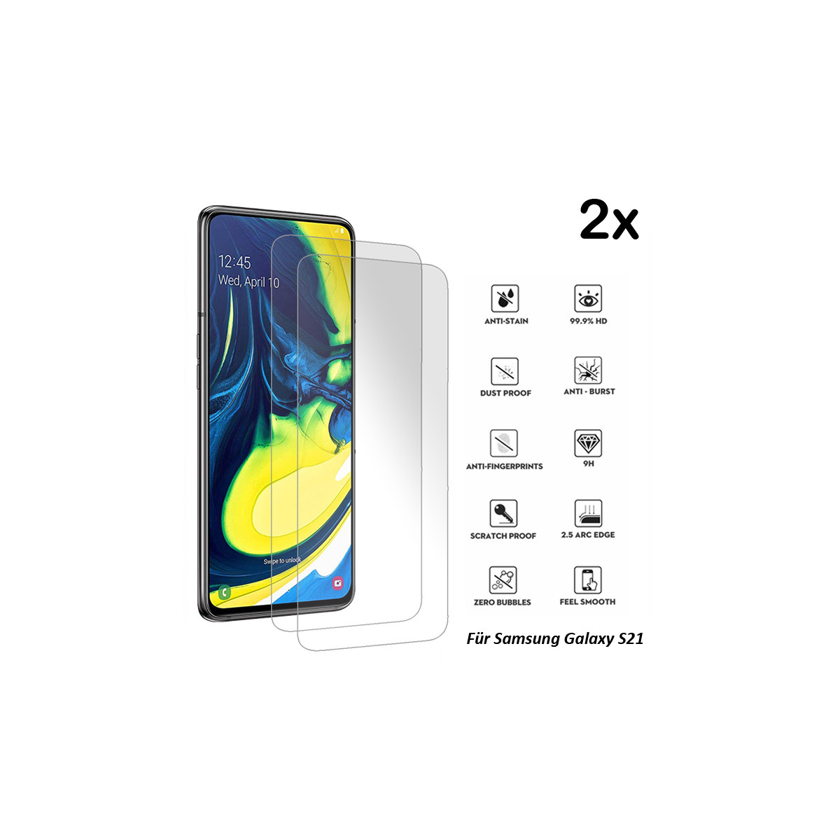 2xEcht Glas Displayschutz Folie für Samsung Galaxy S21