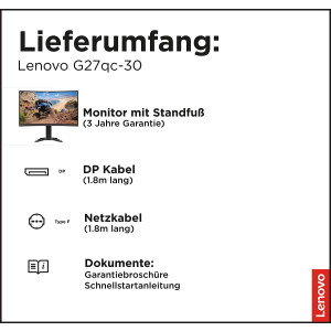 Lenovo G27qc-30 (27 Zoll, 2560x1440, QHD, WideView entspiegelt) Gaming Monitor (HDMI, DP, 165Hz, 350 nits, 1ms Reaktionszeit, AMD FreeSync) schwarz