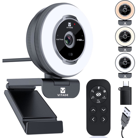 VITADE 1080P Webcam mit Ringlicht & Fernbedienung ? Autofokus & Sichtschutz