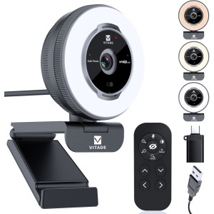 VITADE 1080P Webcam mit Ringlicht & Fernbedienung – Autofokus & Sichtschutz