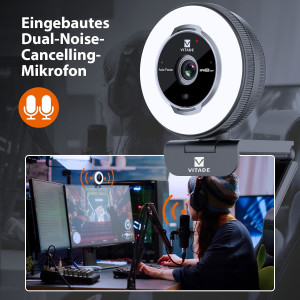 VITADE 1080P Webcam mit Ringlicht & Fernbedienung – Autofokus & Sichtschutz