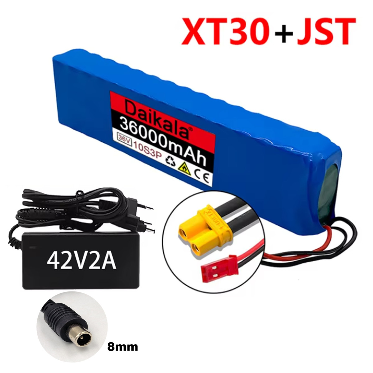 36V 36Ah Lithium-Akku 600W mit BMS + 42V 2A Netzteil...