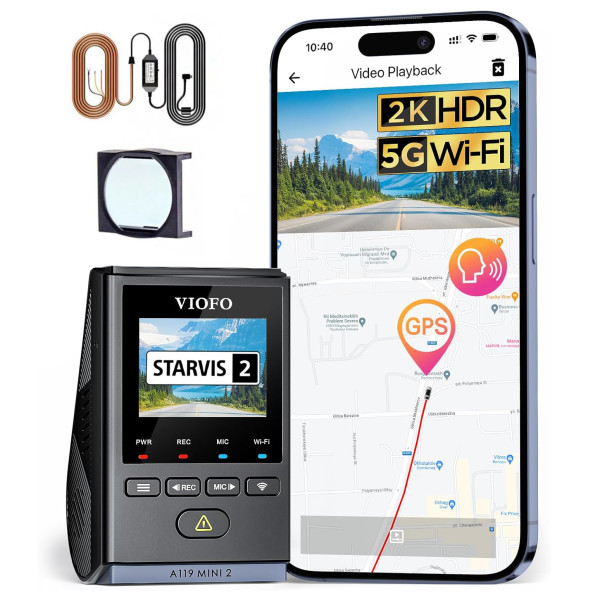 VIOFO Dashcam A119 Mini 2 + HK4 Hardwire Kit, 2.7K HDR, Nachtsicht, Wi-Fi, GPS