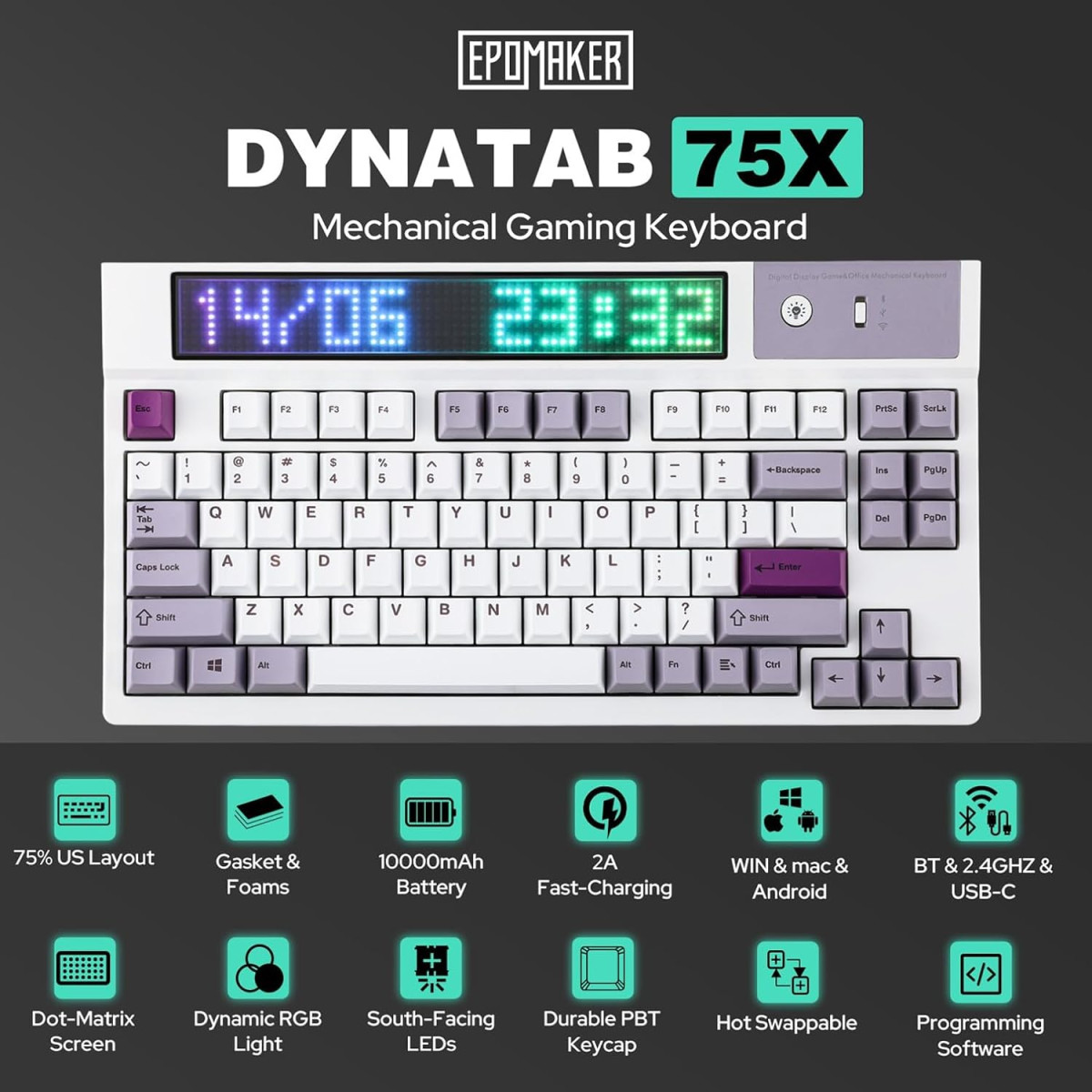 EPOMAKER DynaTab 75X ISO  RGB Mechanische 75% Tastatur,...