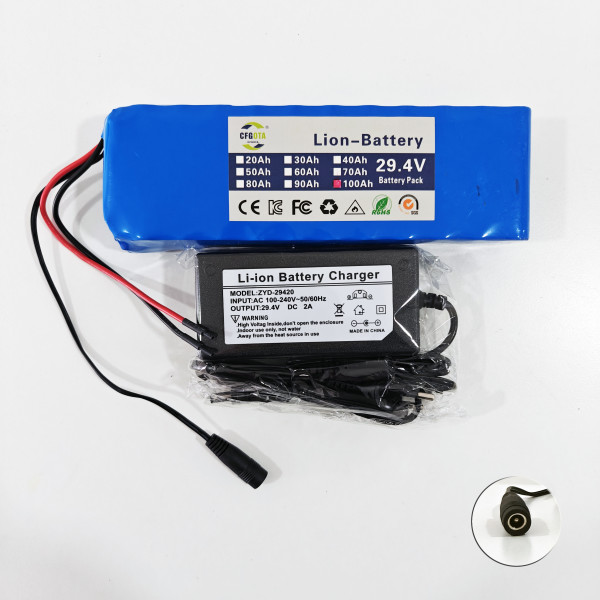 29,4V 10Ah Lithium-Ionen Akku + Ladegerät E-Bike Batterie DC + DC-Line BMS