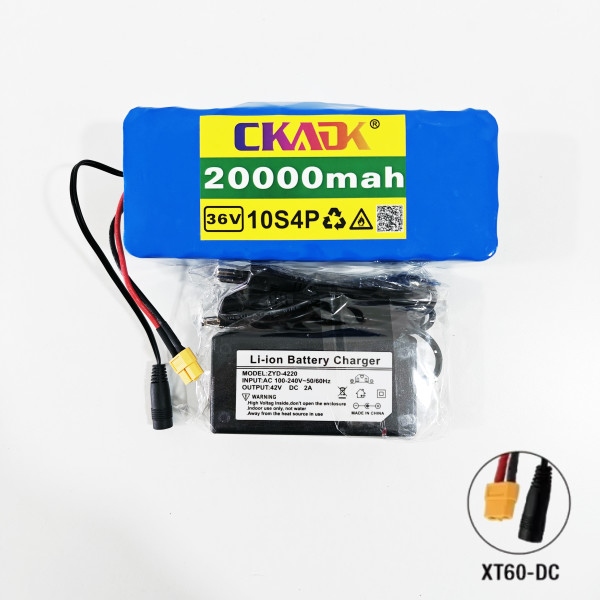 36V 20Ah Lithium-Ionen Akku (10S4P) + Ladegerät E-Bike Batterie XT60 + DC BMS